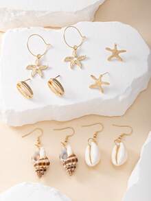 5 Pairs Starfish & Shell Earrings Set, Conch Earrings, Personalized Combination, Suitable For Casual, Vacation Wear, Gift