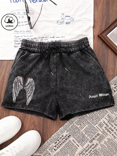 纯棉夏季女式趣味“翅膀字母”图案印花水洗短裤，韩版舒适复古女装时尚通勤百搭Y2K风格，街头常规小众时尚朋克摇滚水洗短裤前袋简约短裤日常休闲黑色