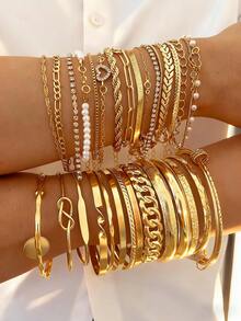 5-19pcs Set Beaded Stackable Bracelets, Fashion Minimalist Elegant Vintage Geometric Circle Square Star Multi-Size Round Bead Stretchy Bracelets, Great Gift For Festival, Holiday, Party, Dating, Everyday Wear - Gold - View 6