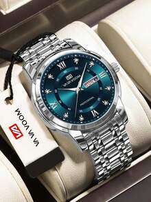 VA VA VOOM 1 件男士石英表 41 毫米经典奢华钻石日历时钟，绿色、蓝色、金色、银色、黑色不锈钢表盘，原装星期石英机芯，3 巴防水，商务风格，精美情侣表 - 藍色 - 查看 7