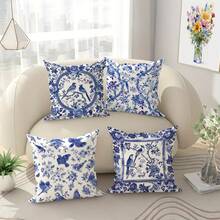 4-Pack Chinoiserie Throw Pillow Covers, 18x18 Inch, Blue And White Floral Bird Tree Pattern, Contemporary   Decorative Pillowcases, Zipper Closure, Machine Washable For Living Room Sofa Bed Decor - Polyester - A - 查看 7