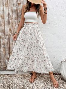 High Waist Tiered Floral Maxi Skirt For Women Boho Summer Flowy Long Skirt Vacation Spring White - White - View 2