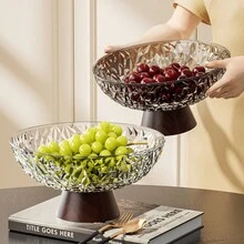 Large Capacity Fruit Plate, Living Room Party Candy Dish, Dessert Plate, Snack Plate, Reusable Faux Wood Grain Base, Drain Hole, Shockproof - Transparent White With Wood Grain Base - View 3