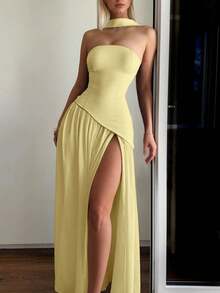 女士优雅双材质吊带无袖高开衩连衣裙，适合婚礼宾客、派对和度假，春夏派对 - 黃色 - 查看 2