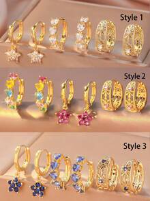 Hihho Set de 6 piezas de aretes con diseño hueco tallado y con incrustaciones de circonita en estilo vintage y colorido, un conjunto de aretes con flores en forma de corazón, un regalo de moda para mujeres para uso diario, viajes y fiestas - Amarillo Oro - Ver 11