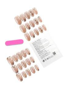 30片椭圆形/短款亚克力美甲贴纸，饰有金色图案和水钻，包含1瓶甲油胶和1把指甲锉，适合女性在秋冬季日常工作、学习和聚会中使用。这款美甲套装也适合派对、节日和日常使用。美甲用品 - 彩色 - 查看 2