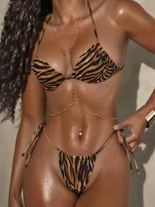 女士性感豹纹系带露背比基尼套装，适合春夏海滩、复活节、圣帕特里克节、外出、毕业典礼、优雅度假等场合。 - 彩色 - 查看 1