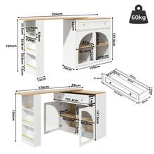 Ausziehbarer Bartisch mit Stauraum (138-204*39*104cm), 360° drehbare Essbar,Moderner Beweglicher Bar Table,Hochtisch Kücheninsel Bistro Table, Sideboardschrank mit Regalen und Glas,Schwarz - Branco - Ver 2