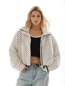 MUMRAP 女式休闲波尔卡圆点长袖宽松夹克秋季时尚立领拉链外套 - 白色 - 查看 2