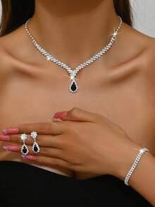 3pcs/Set Silver Women's Metal & Rhinestone Necklace, Earrings, Bracelet Bridal Wedding Jewelry Set - 734783 Black Suit - View 4