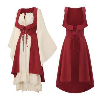Two Pieces Medieval Women's Renaissance Period Costume With Low Bust Pirate Farmer High Low Dress With Collar European And American Medieval Retro Contrasting Slim Fit Skirt With Flying Sleeves, Large Swing Skirt, One Shoulder Dress, Women's Cosplay Performance