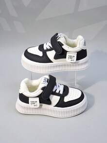 儿童保暖运动鞋，适合幼儿男孩和女孩的闭合休闲鞋，钩环，厚底雪地靴，婴儿鞋 - 黑與白 - 查看 1