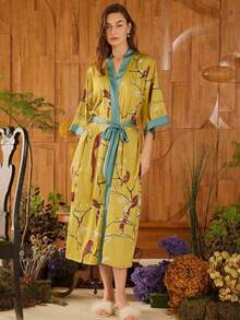 Retro Japanese Style Loose Mid-Length Elegant Fashion Printed Niche Design Kimono Cover Up, Casual Loungewear, Sexy Robe, Sleepwear, Summer Beach Cover-Up, Swimsuit Outer Layer, Lightweight Sunscreen Jacket - Yellow - View 8