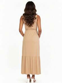 Women's Solid Color Front Button Maxi Dress For Spring Summer, Ruffle Hem Adjustable Drawstring Dress For Women - L 灰褐色 - 查看 3