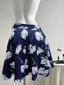 Plus Size Women's Floral Rose Solid High Waist Midi Skirt, Elegant Party, Floral Print Lace Up Skirt,Fall/Spring Cloth For Women - Blue - View 2