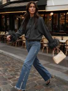 节日红色毛绒袖口休闲开衫，配金属纽扣，适合圣诞节、新年、节日穿着 - 灰色 - 查看 10