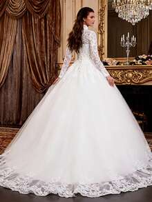Vintage Glam High Neck Lace Long Sleeve Wedding Dress, Tulle Skirt With High Slit & Train, Bridal Gown, Wedding Dresses For Bride, Elegant And Comfortable, Suitable For Wedding, Party, Vacation, Bride, Formal Occasions, Dinner Dress, Prom Dress, After-Party Dress, Homecoming Dress, Cocktail Party, Birthday Party, Ceremony - White - View 7