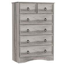 Grey 6 Drawers Dresser, Light Rustic Oak Dresser, Tall Wood Chest Of Drawers, Storage Organizer For Clothes, Grey Vintage, For Living Room, Bedroom, Hallway - Grey - View 2