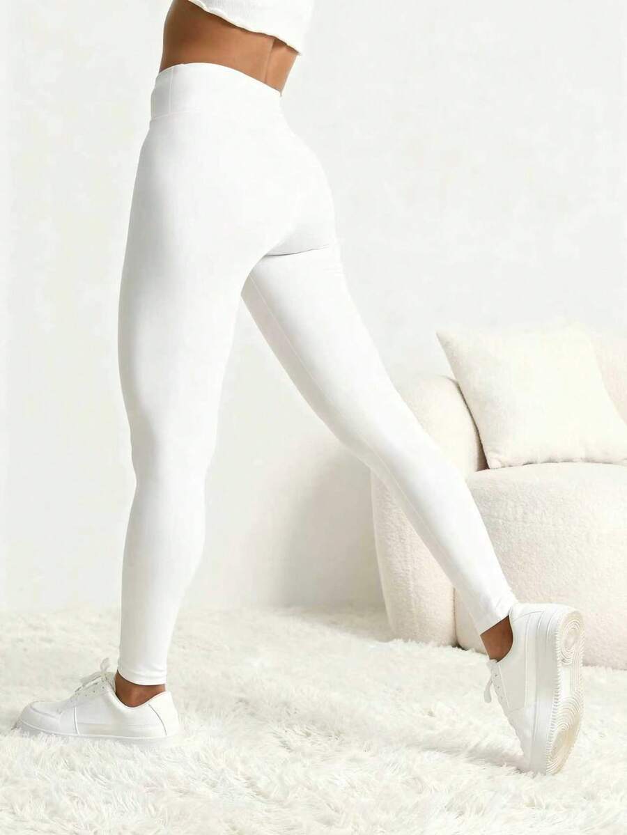 女士高腰弹力塑身瑜伽裤，休闲日常健身紧身裤，适合春夏穿着，白色 - 白色 - 查看 1