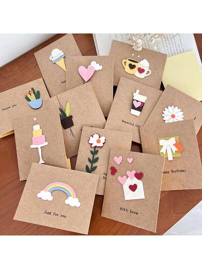 3/5/7 piezas, Tarjeta de felicitación tridimensional simple con bendición de cumpleaños, agradecimiento, vacaciones, fresca y mini mensaje, tarjeta pequeña. Tarjeta de felicitación tridimensional exquisita, creativa y simple con bendición de cumpleaños, fresca y mini tarjeta de regalo