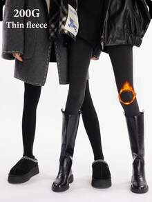 1pc 200G Seamless Grey Fine Ribbed Thermal Lined Leggings, High Waist Slimming, Thick Warm Tights For Women, Autumn/Winter - 200G-thin Fleece - View 2