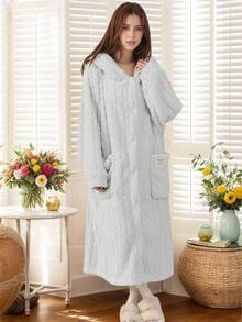 秋冬季女士法兰绒宽松加大码睡袍 - 睡衣，厚实保暖，柔软舒适，纽扣前襟，长袖，带帽，配有2个大口袋，长款睡袍家居服，浴袍，可机洗 - 彩色 - 查看 22