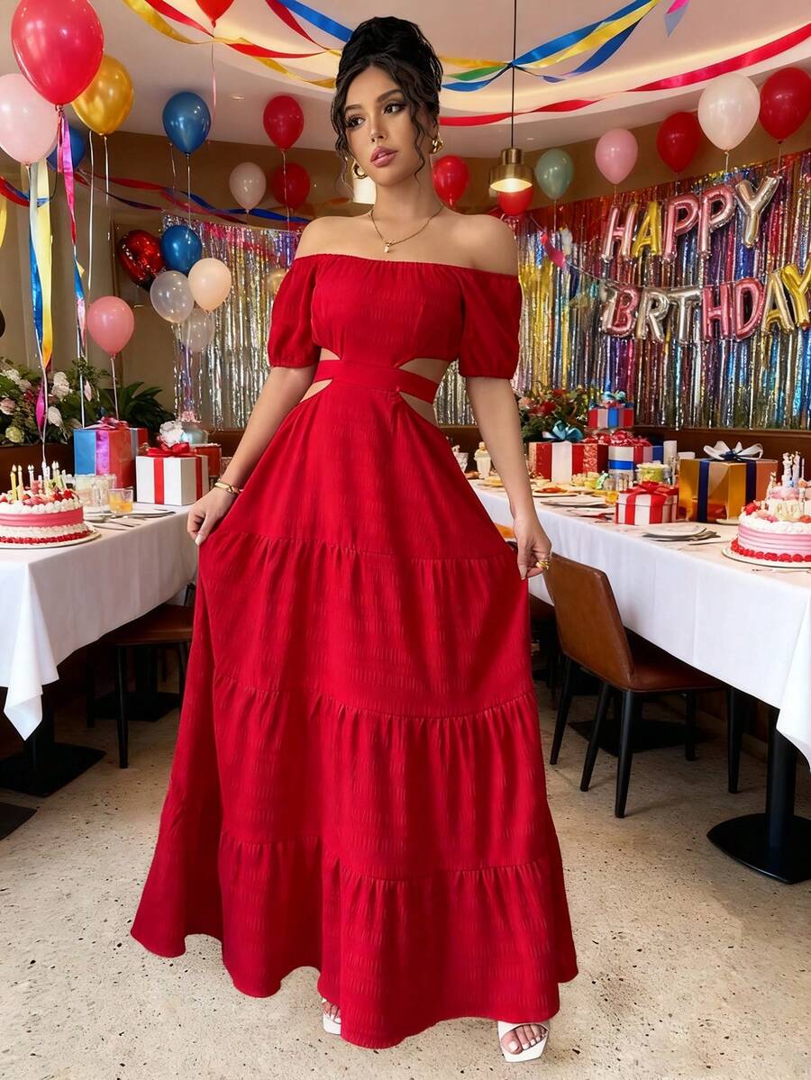 Women's Dresses, Printed Maxi Dress With Off-The-Shoulder And Waist Detail, Retro Resort-Style Dress With A Fitted Waist, Boho-Style Maxi Dress That Slims The Silhouette. - 紅色 - 查看 1
