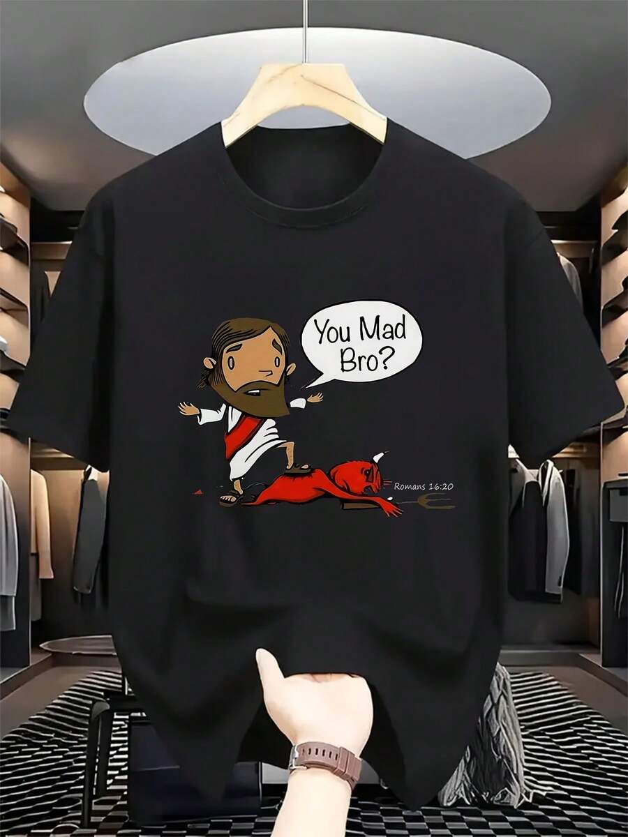 Funny Jesus T-Shirt - You Mad Bro?Christian Funny Graphic Tee With Red Demon - Black Shirt & Bible Reference (Matthew 5:43) - Soft Everyday Casual Church Party Apparel - Machine Washable Religious Humor Top For Adults, Humorous Clothing, Playful Print, Durable Fabric, Statement Top, Faithbased Comedy - Black - View 1