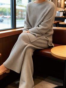 2 件套圆领纯色蝙蝠袖时尚休闲宽松舒适纯色家居服长袖套头衫阔腿裤运动服粗针织毛衣套装女 - 淺灰色 - 查看 2