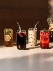 4/6pcs, 473ml/16oz Glass Cups, Glass Cups With Lid, Straw, And Straw Brush, Mason Jar Water Cup, Coffee Cup, Glass Cup With Plastic Lid, Cute Tea Set, Homemade Drinking Cup Set, Reusable, Suitable For Hotels And Family Gatherings - 4個杯子+4個蓋子+4個吸管+1個吸管刷 - 查看 7