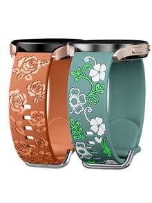 2 Pcs Floral Engraved Band Compatible With Galaxy Watch 7/ FE/ 6/5/ 4/ Active 2 40mm 44mm/ 5 Pro 45mm/ Watch 6/4 Classic 43mm 47mm 42mm 46mm/Garmin Vivoactive 6/5/3/Venu/Venu Sq/Venu 2 Plus/Garmin Forerunner 55/165/645/245 Music Smart Watch Band Women, Flower Soft Silicone Sport Strap For 20mm Width Watch - 20mm - View 17
