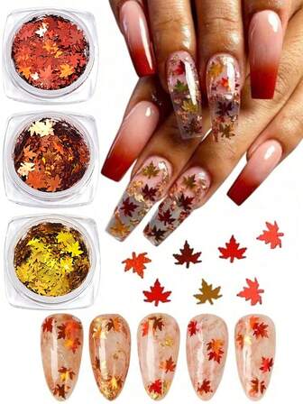 3 cajas redondas de purpurina en forma de hoja de arce de 3 colores, tres cajas de decoraciones holográficas doradas en forma de hoja de otoño, accesorios de decoración de uñas de otoño DIY