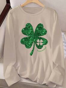 Christmas Outfit Women Ladies Casual Long Sleeve Round Neck Pattern Printed T-Shirt - Four-Leaf Clover Glitter Design With Happy St. Patrick's Day Text, Machine Washable Regular Fit For Autumn Winter Season And Festival Celebration Outfits, Straight Sleeve Design Loose And Comfortable Winter Clothes For Women - 杏色 - 查看 3