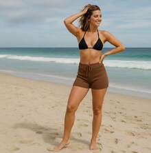 Short Crochet Beach Cover-Up With Adjustable Waist, Knitted Fabric, Women's Beachwear - màu nâu - Xem 4