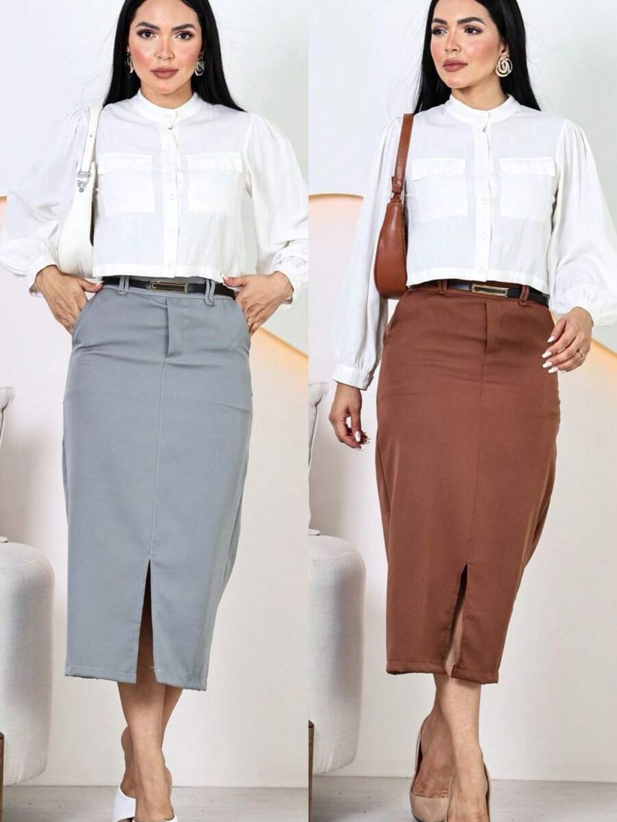 Elegant Midi Skirt For Evangelical Women With Belt - 灰色/棕色 - 查看 1