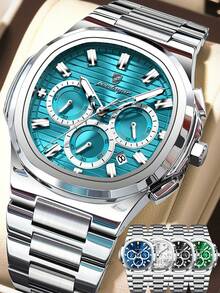 POEDAGAR 1pc Men's Stainless Steel Casual Date Chronograph Quartz Watch, Waterproof Luminous Pointer, Fashion Men's Wristwatch, Suitable For Daily Wear, Holiday/Birthday Gift - Silver - View 2