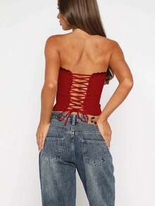 Women Bandage Back Off Shoulder Tube Tops - 酒紅色 - 查看 2