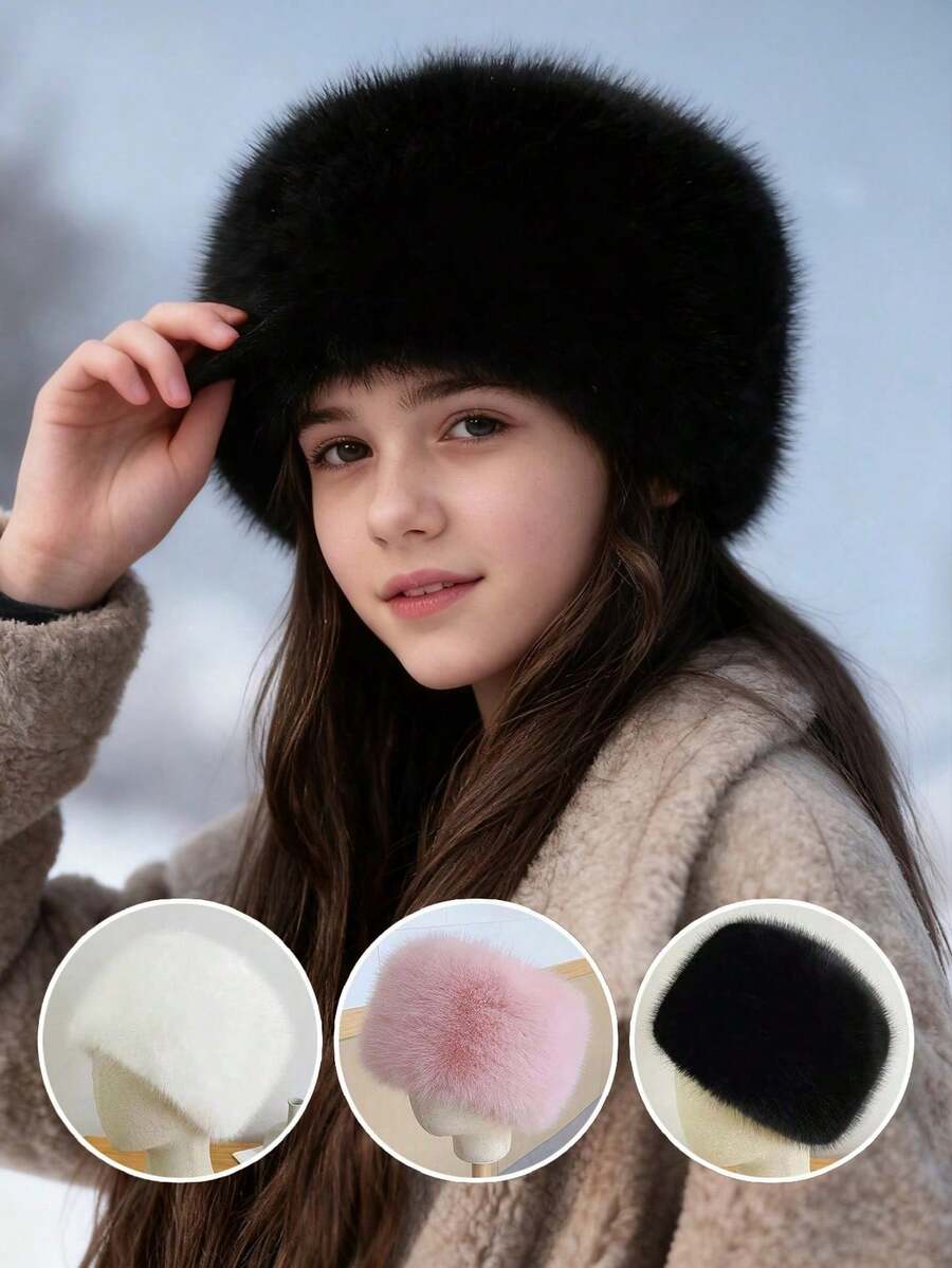 1 pezzo Cappello a secchiello in pelliccia sintetica per ragazze di età 10-16 anni, cappello a secchiello morbido e soffice, adatto per giorni nevosi e abbigliamento invernale da esterno - peluche - Visualizzare 1