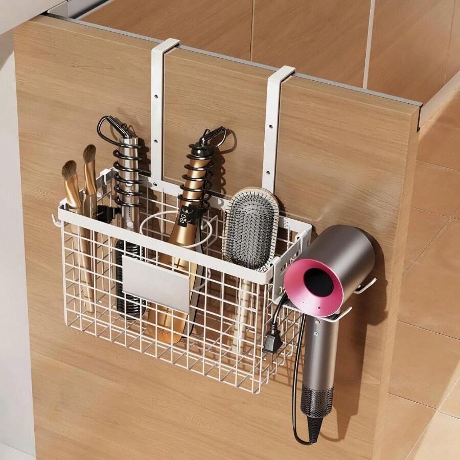 Soporte para Secadora de Cabello Adhesivo Porta Secadora de Cabello Aluminio Organizador de Secadora Puertas de Gabinete Estante para Secador de Pelo Inoxidable Blanco - Blanco - Ver 1