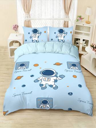 Juego de ropa de cama de 3 piezas, tema espacial de astronauta fresco, astronauta cósmico azul, astronauta de dibujos animados lindo, adecuado para familia y amigos, (1 funda nórdica + 2 fundas de almohada, sin relleno), ropa de cama personalizada, suave, cálida, funda nórdica amigable con la piel, varios tamaños, tamaño extra grande, imprescindible para entusiastas del espacio