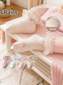 4 Pairs Of Baby Princess Lace Socks, Breathable All-Season Socks For Girls, Princess Lace Socks, High Elasticity, Non-Restrictive