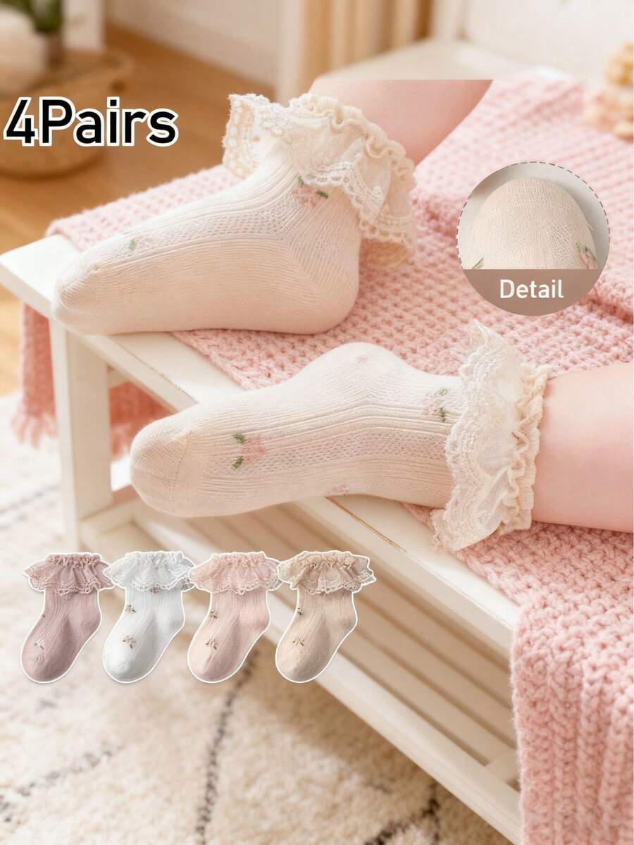 4 Pairs Of Baby Princess Lace Socks, Breathable All-Season Socks For Girls, Princess Lace Socks, High Elasticity, Non-Restrictive