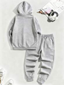 两件套加大码男士时尚简约老鹰图案休闲连帽衫，带口袋和抽绳裤，适合春、秋、冬季户外、街头、日常穿着。