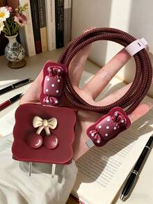 5pcs/Set Wine Red Cherry/Butterfly Design Protective Case Compatible With Apple 18-20W Charger, Data Cable Protector - Wine Red - View 10