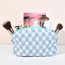 Checkered Makeup Bag Preppy Cosmetic Bag Bulk Blue Makeup Pouch Travel Toiletry Bag Organizer Cute Makeup Brushes Storage Bag Women Fashion - 柔白 - 查看 8