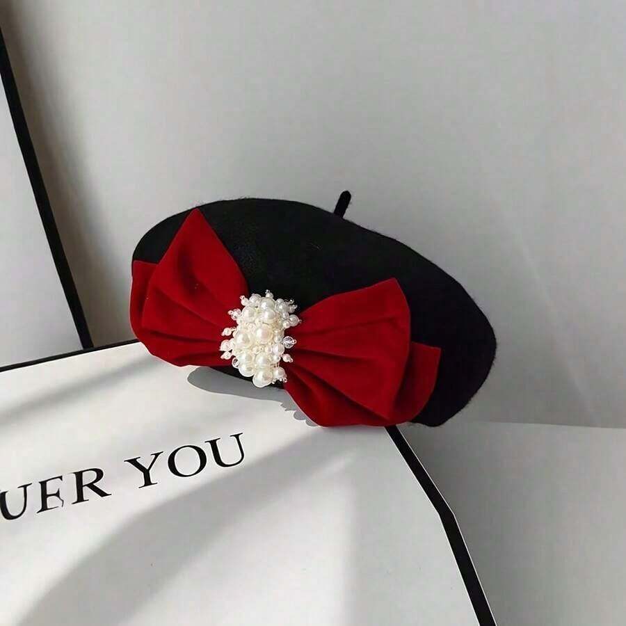 Autumn Winter New Black Bow Beret Hat For Women Woolen Imitation Pearl Fashion Versatile Large Head Circumference Face Slimming Painter Hat - màu đen - Xem 1