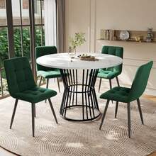 Dining Table Set (5-Piece), Dining Table Set With 4 Chairs, Kitchen Table Set, Round Dining Table With 100 Cm Diameter And Black Metal Legs, White MDF Tabletop, Green Velvet Dining Chairs - Multicolor - View 8