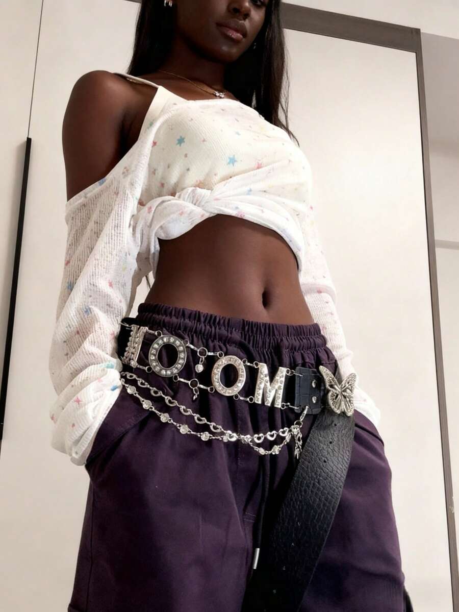 1pc Rhinestone Embellished Letter Buckle Waist Chain Belt, Butterfly Buckle, Y2K Hipster Fashion, Suitable For Streetwear, Music Festivals, Halloween, Christmas, All Occasions - Multicolor - View 1