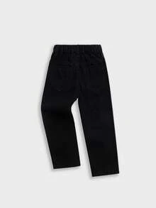 Young Boy Simple Black Wash Wide Leg Jeans, Versatile Casual Wear, Adjustable Elastic Waist Loose Fit Straight Leg Denim Pants - Black - View 3