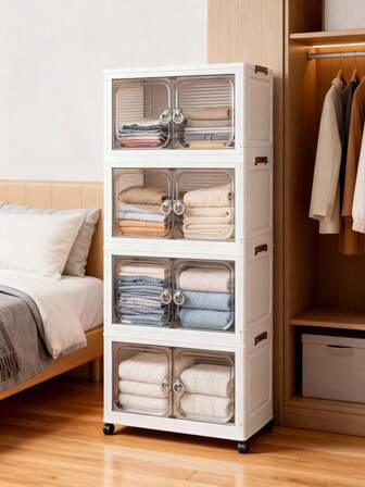 1pc (38cm-58cm Wide) Foldable Plastic Double Door Storage Cabinet, Collapsible Wardrobe, Home Portable Closet, Living Room Toy Cabinet, Snack Cabinet, Kitchen Storage Cabinet, Christmas & Halloween Gift, Bathroom Tissue Box, Bedroom Floor Rack, Collapsible Shoe Rack